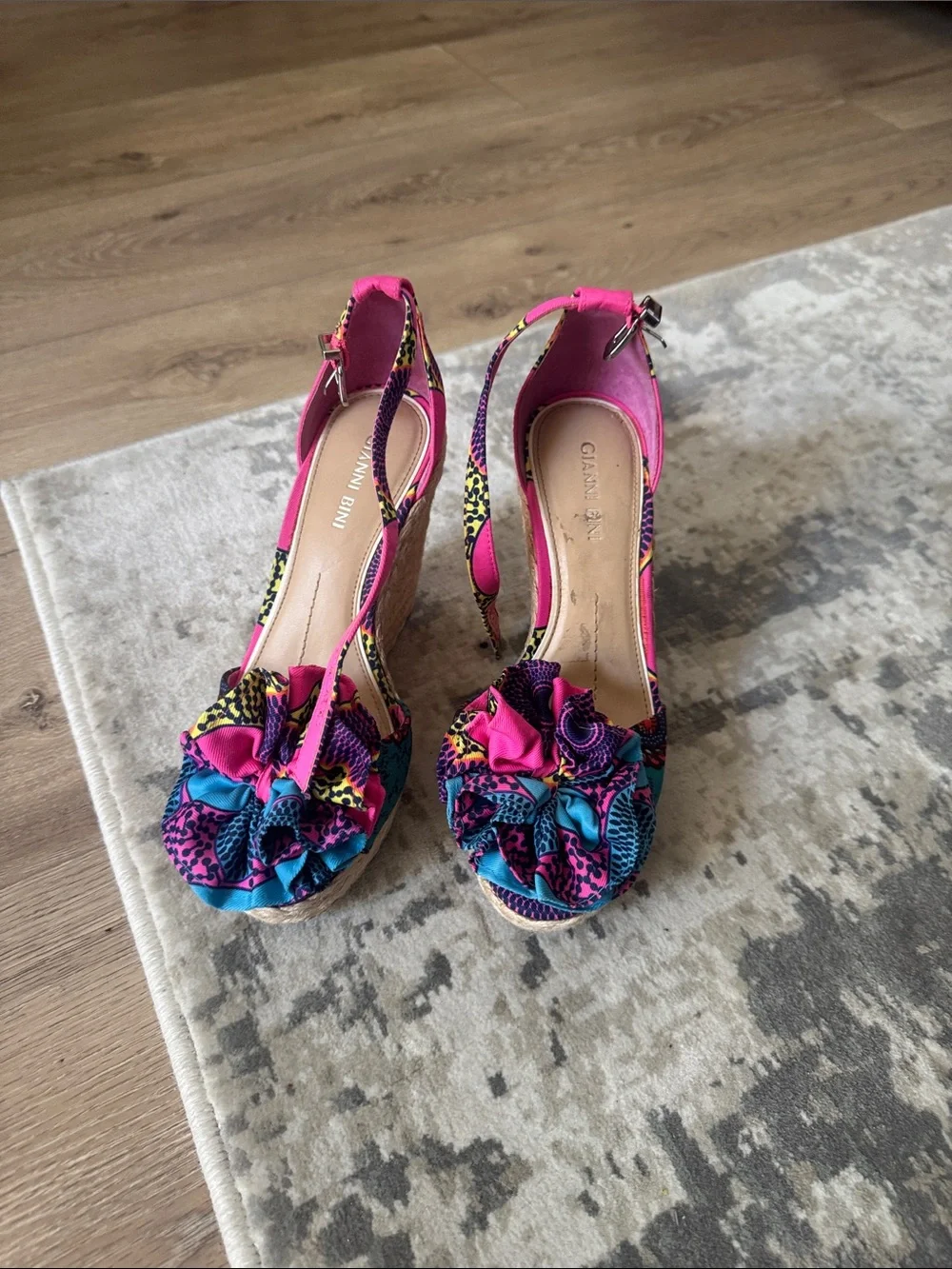Gianni Bini Hot Pink Multicolor Floral Wedge Sandals